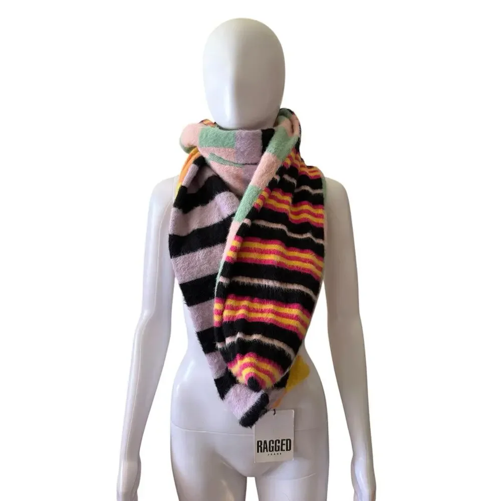 Ragged Priest Fuzzy Patchwork Scarf Multicolor Striped Checkered NWT